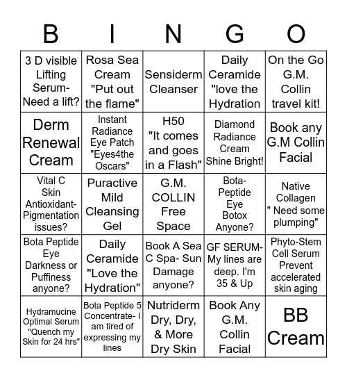 Love Your G.M. Collin Skincare Bingo Card