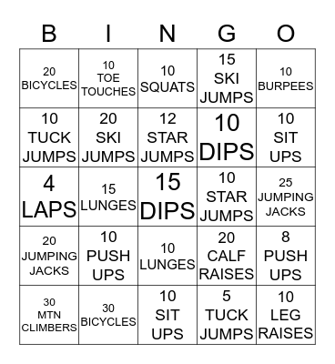 EXERCISE BINGO Card