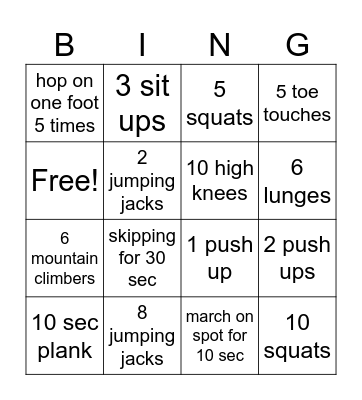 Fitness Bingo Card