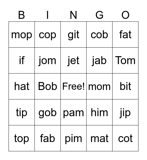 CVC a, e, i Bingo Card