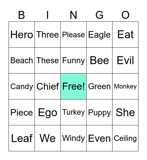 Long Vowel E Bingo Card 