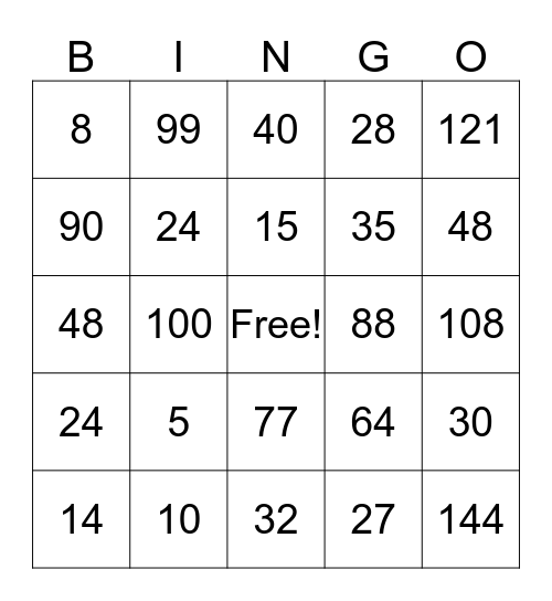 Multiplication Bingo Card