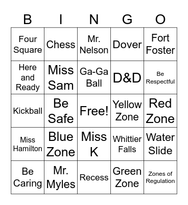 SOCC Summer Camp Bingo Card
