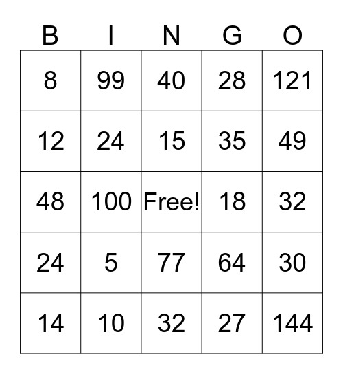 Multiplication Bingo Card
