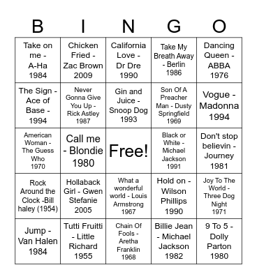 Music Through The Decades Bingo Card