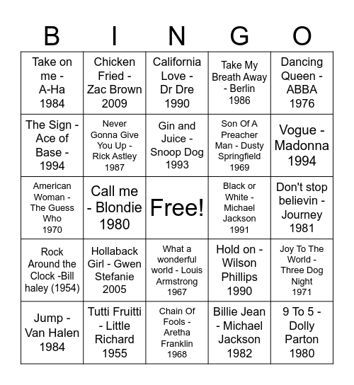 Music Through The Decades Bingo Card