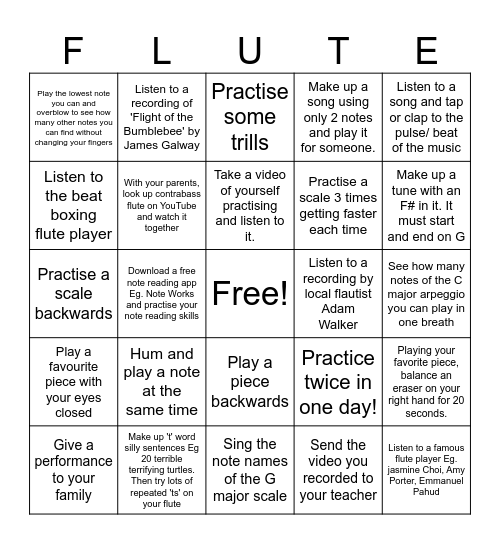 Flute Bingo Card