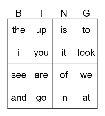 sight words Bingo Card