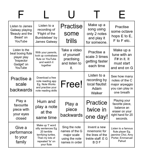 Christmas Break Flute Bingo Card