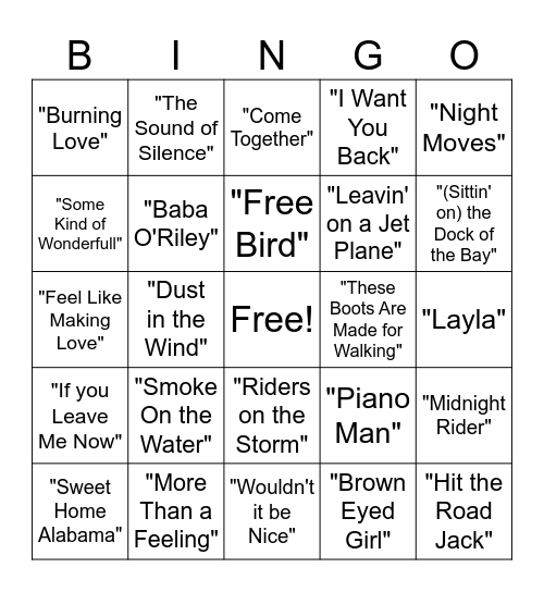 60's and 70's Music Bingo Card