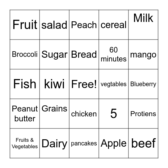 SSCC Nutrition Bingo Card