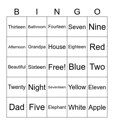 English Bingo Card