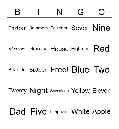English Bingo Card
