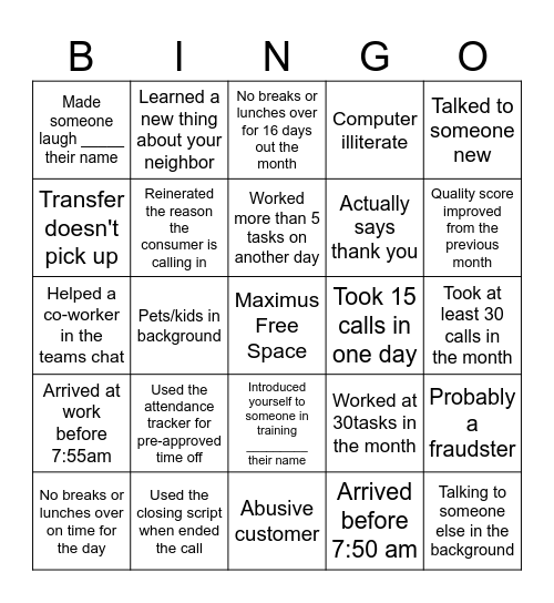 Maximus Bingo Card