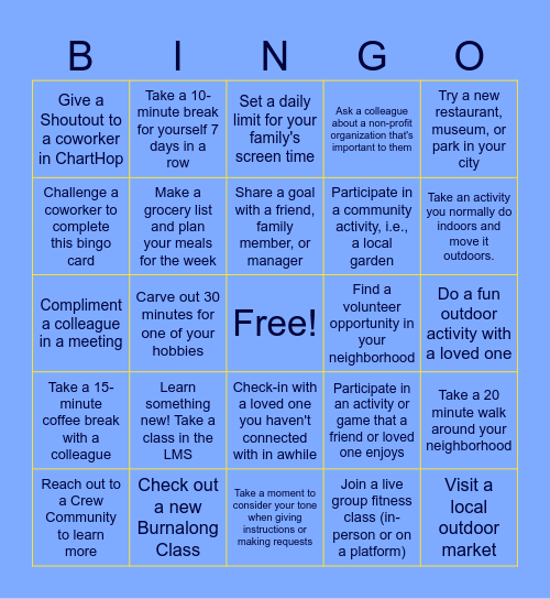 Social Wellness Bingo! Bingo Card