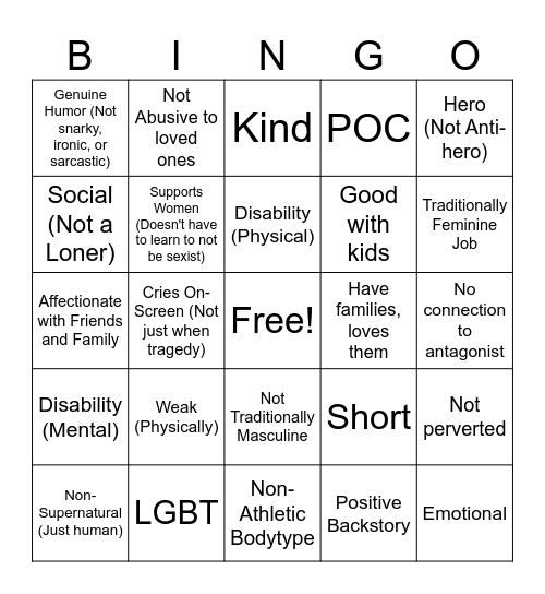 Male Character Bingo Card