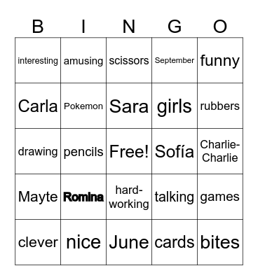 My favourite class Bingo Card