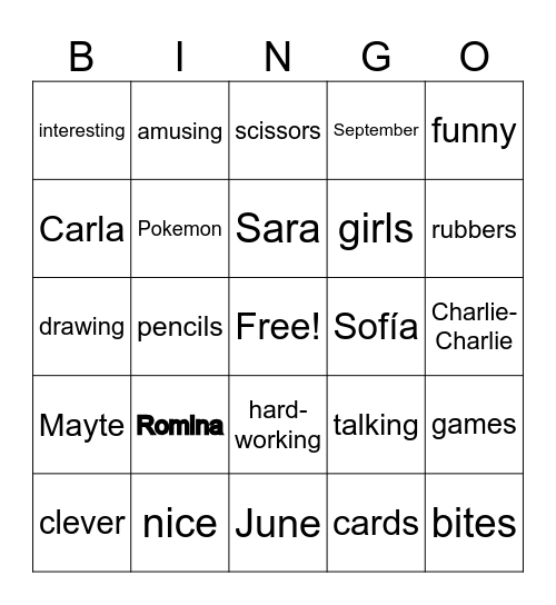 My favourite class Bingo Card