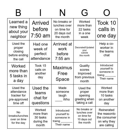 Maximus Bingo Card