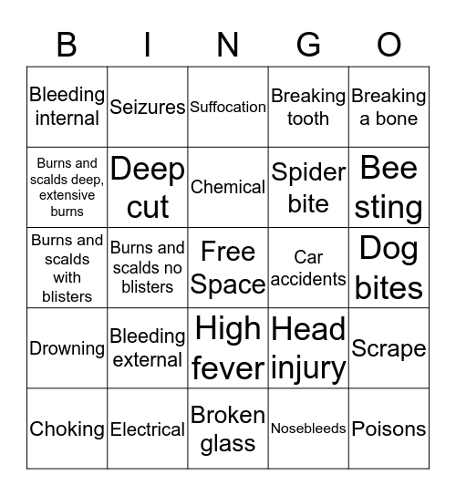 Preventing Injuries  Bingo Card