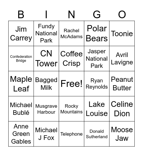 Canadian Themed Bingo Card