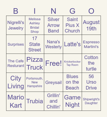 Tessa's Bridal Bingo Card