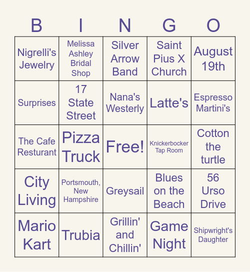 Tessa's Bridal Bingo Card