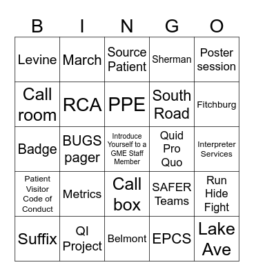 GME Orientation 2023 Bingo Card