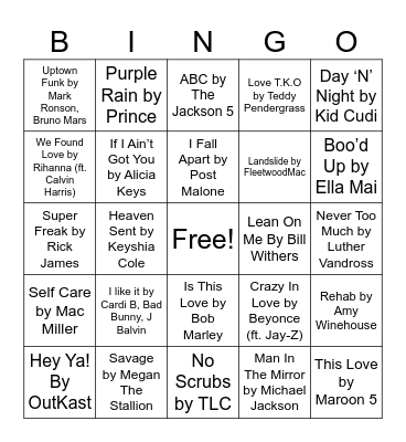 Pop& R&B Bingo Card