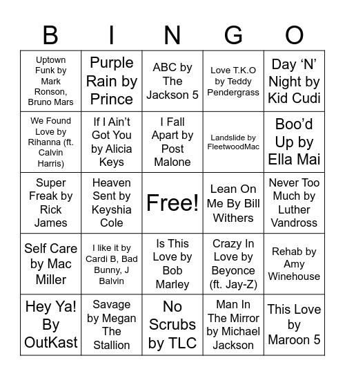 Pop& R&B Bingo Card