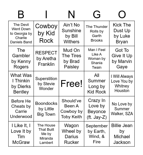 Country & R&B Bingo Card