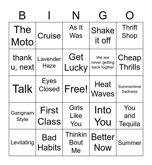 summer jamz Bingo Card