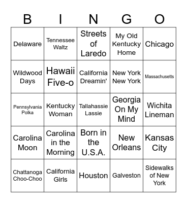 Music Bingo #7  GOING PLACES Bingo Card