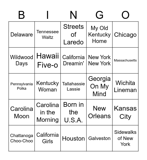 Music Bingo #7  GOING PLACES Bingo Card