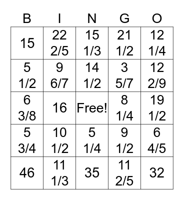 Mixed Number Multiplication Bingo Card