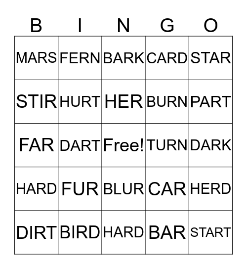 R-Controlled Vowels Bingo Card