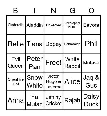 55- DISNEY CHARACTERS Bingo Card