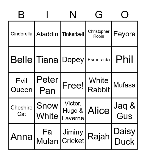 55- DISNEY CHARACTERS Bingo Card