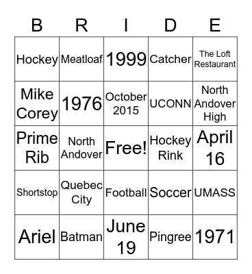 Andrea Jean and Derek Bingo Card