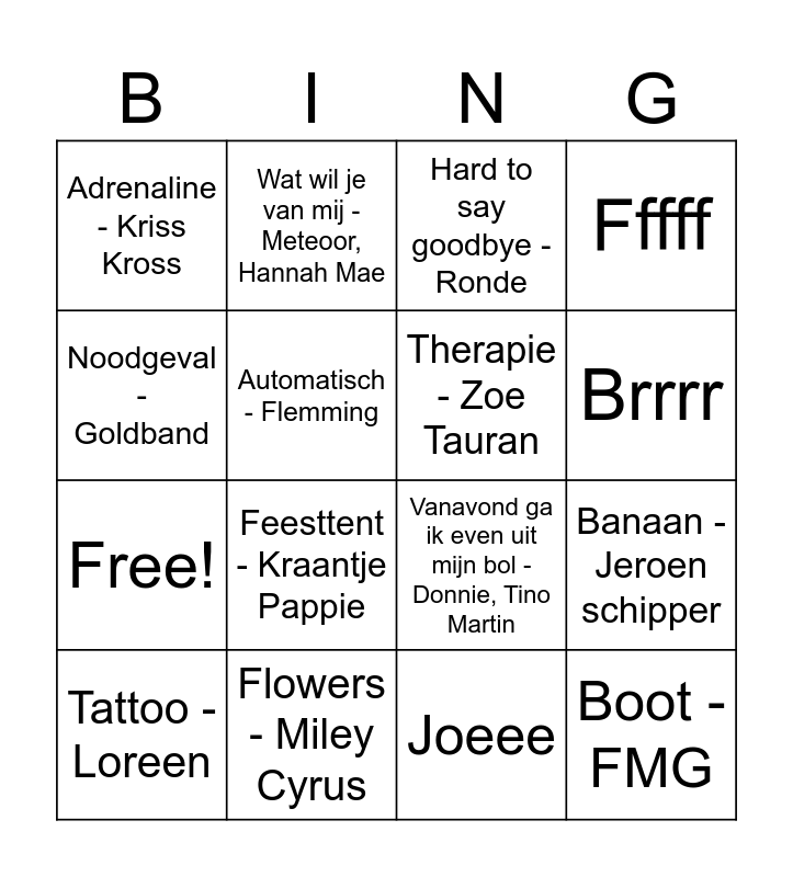 MuziekBingo groep 7 Bingo Card