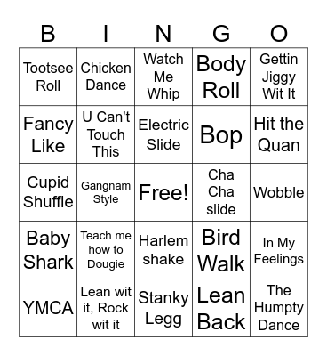 Dance Craze Bingo Card