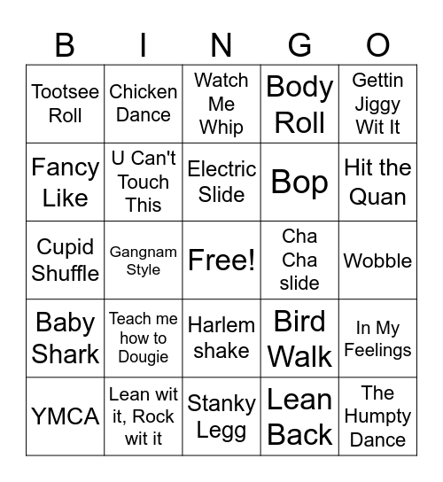 Dance Craze Bingo Card