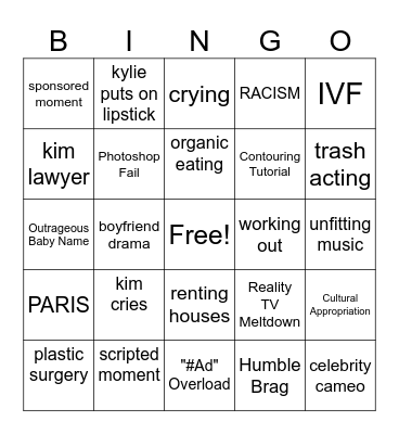 Kardashians Bingo Card