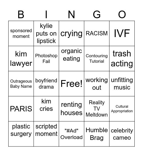 Kardashians Bingo Card