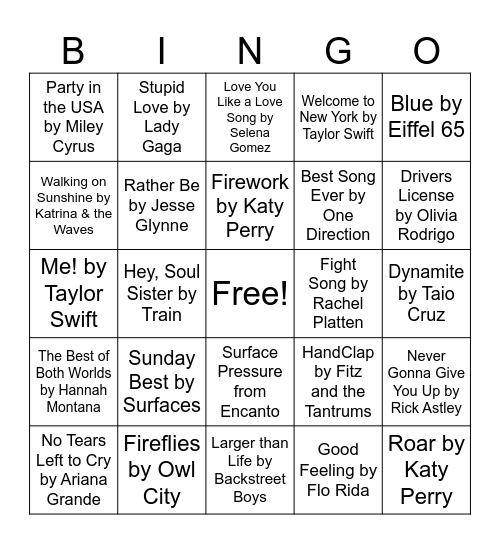 Kids Music Bingo #1 Bingo Card