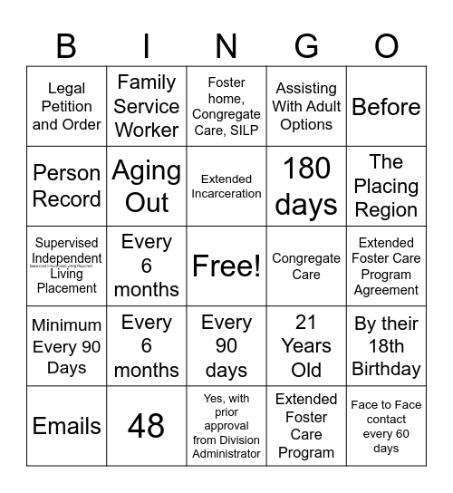 Extended Foster Care Bingo Card
