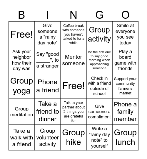 Social Wellness Bingo Card