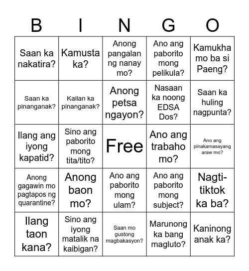 FILIPINO HUMAN BINGO Card