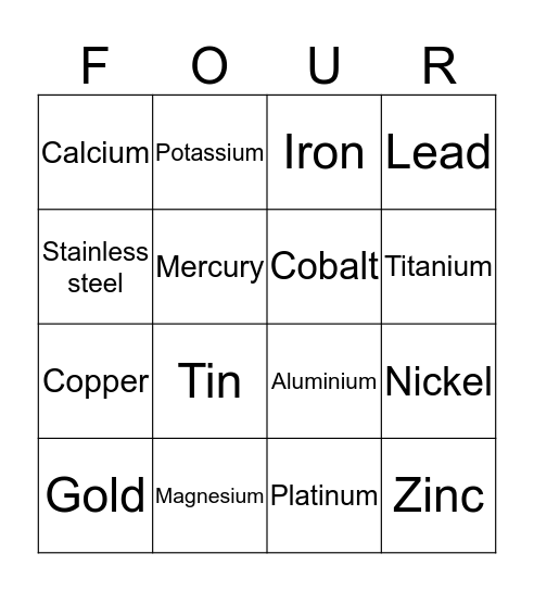 Metal Elements Bingo Card