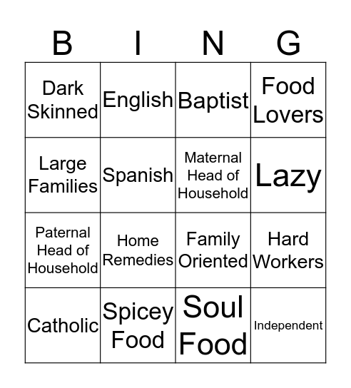 Hispanic Cultural Competency  Bingo Card